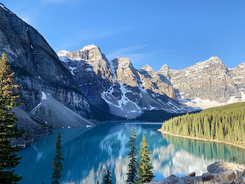 Incredible aqua marine water at Moraine Lake in Banff Canada.