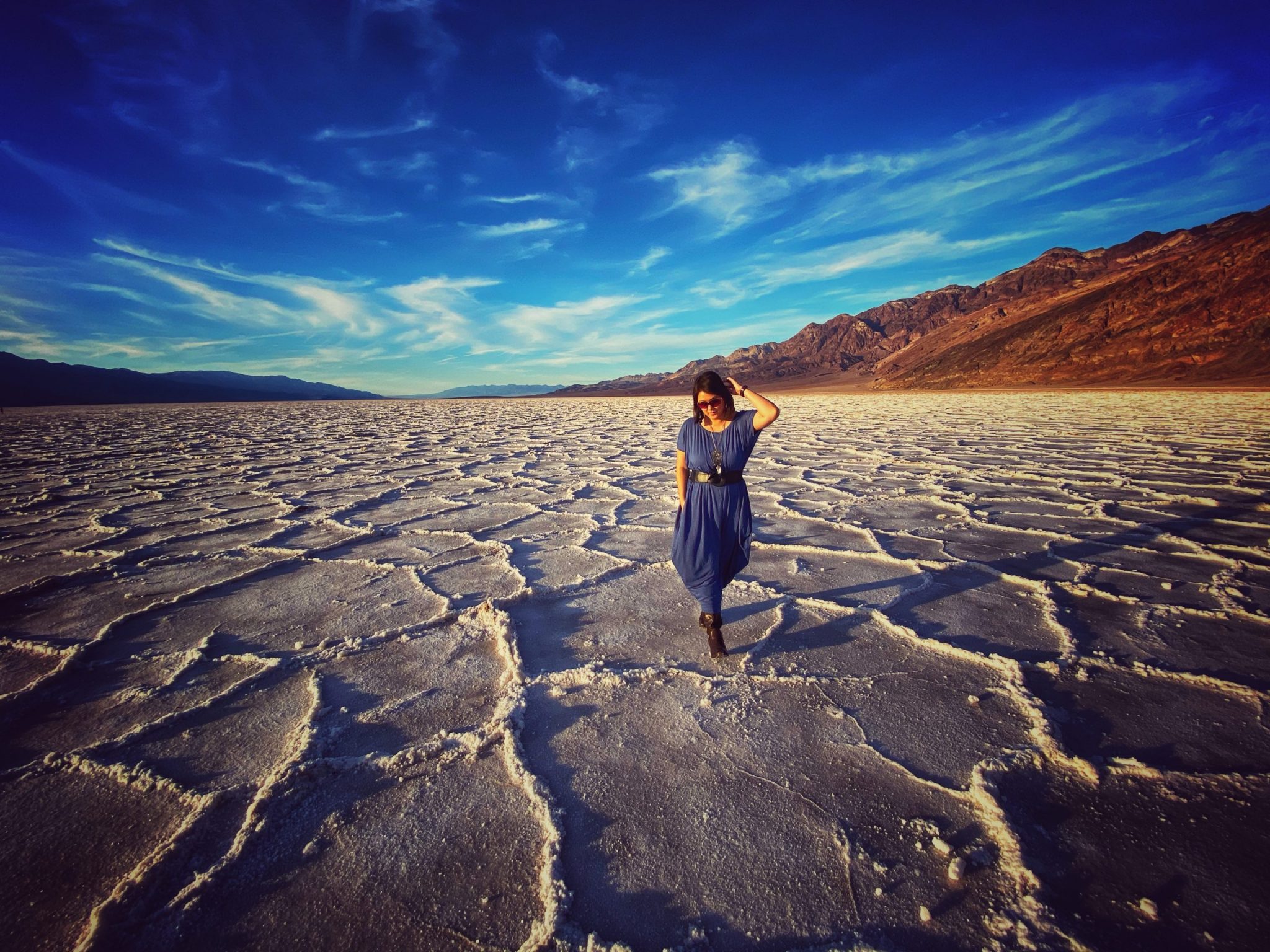 Hiking at badwater basin salt flats death valley