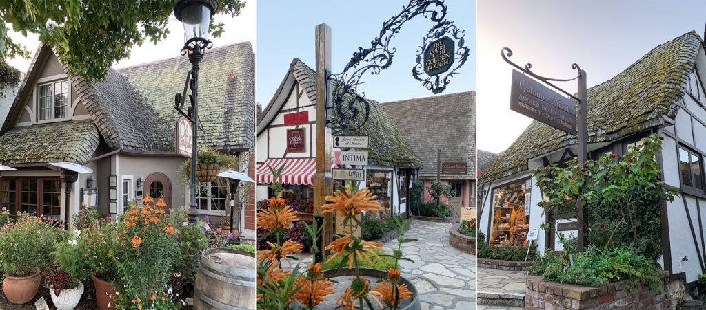 Cottage style shops and restaurants with steeple roofs and storybook design in Carmel, California.