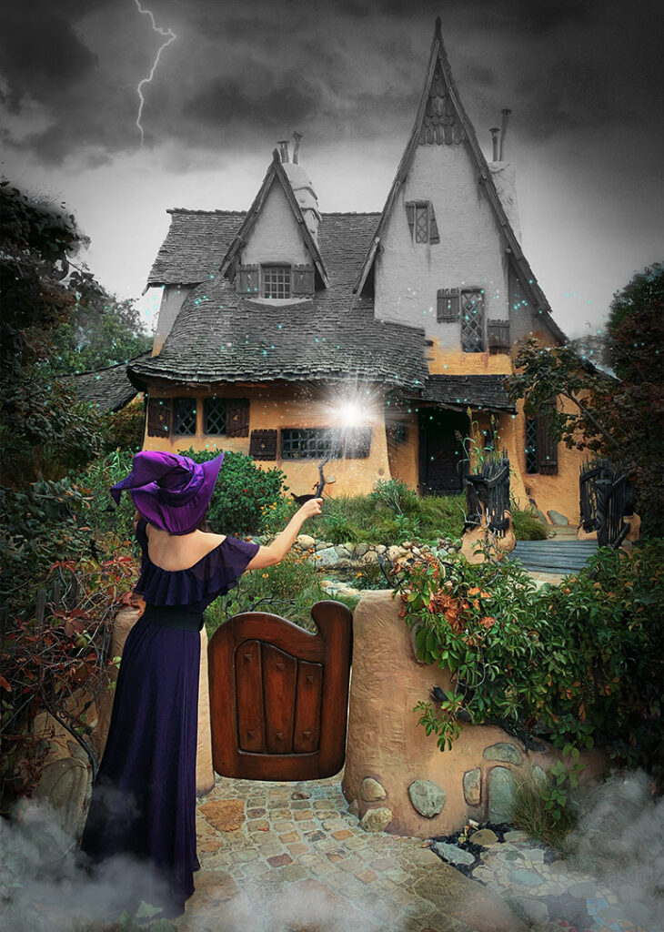 Halloween Witch casting a spell on the Spadena Witch House in Beverly Hills.